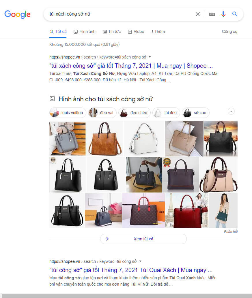 Kết quả tìm kiếm "túi xách công sở nữ" trên công cụ tìm kiếm