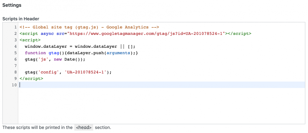 Dán mã Google Analytics vào hộp Tập lệnh trong Header